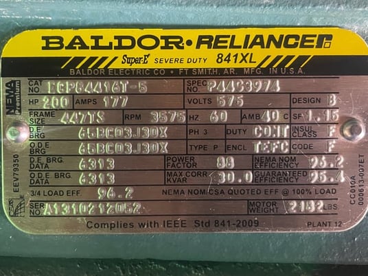 200 HP 3600 RPM Baldor Reliance, Frame 447TS, TEFC BB, 575 Volts, New Surplus - Image 3