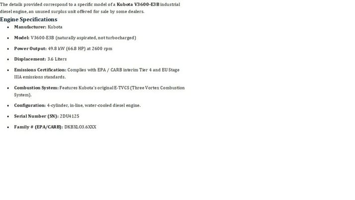 66 HP Kubota #V3600, Engine, unused, warranty - Image 3