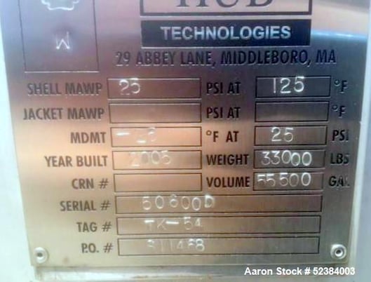 55500 gallon, HUB Technologies, Horizontal Pressure Tank, 316L Stainless Steel, dished top & bottom, saddles - Image 7