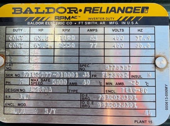 63 HP 1120-2550 RPM Baldor, Frame FL2898Z, TEAO-BC, 460 Volts, New Surplus - Image 1
