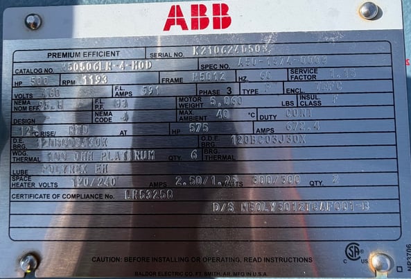 500 HP 1193 RPM ABB, Frame H5012, TEFC, Ball, 460 Volts, New Surplus - Image 1