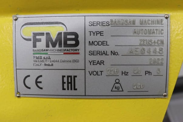 10-1/4" x 10-1/4" FMB #Zeus+CN, automatic horizontal band saw, 130" x 1" x .035" blade, 2 HP, 2022' - Image 9