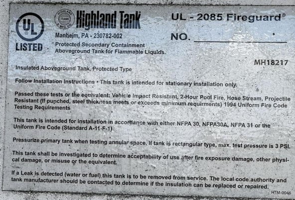 8000 gallon Highland Tank #UL-2085, Fireguard Double-Wall Above Ground Storage Tank, 8' 6" diameter x 21'11" - Image 2