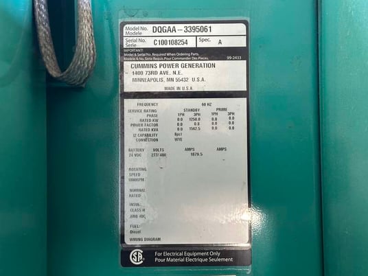1250 KW Cummins #DQGAA, diesel generator set, 277/480 Volts, 2220 HP @ 1800 RPM, QSKTA50-GE engine, EPA Tier - Image 10