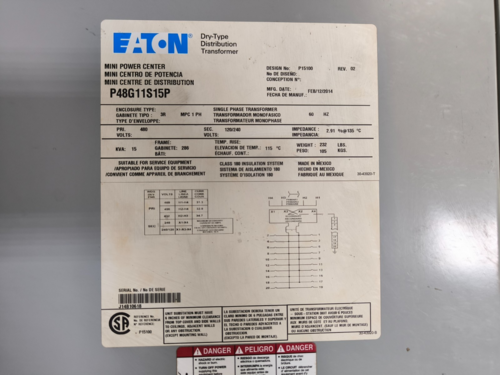 15 KVA 480 Primary, 120/240 Secondary Eaton P48G11S15P, Distribution Panelboard Transformer, B270, unused - Image 2