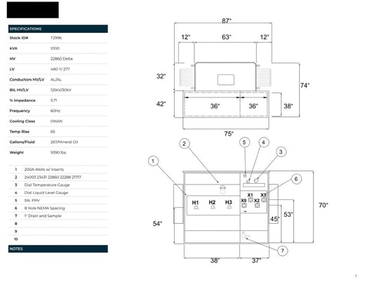 1000 KVA 22860 Delta Primary, 480Y/277 Secondary, PAD, Recon(shipment available in 10 days) - Image 1