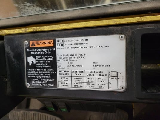5000 lb. Hyster #H50XM, Forklift, Fully Enclosed Cab, 2-Stage Mast, 6119.6 hours - Image 4