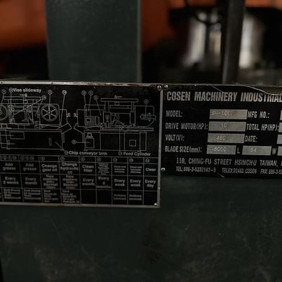 20.5" x 40" Cosen #SH-1000F, horizontal band saw, 26' 3" x 2" blade - Image 4