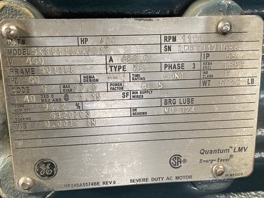 400 HP 1200 RPM General Electric, Frame 5011LB, TEFC BB, 460 Volts - Image 3