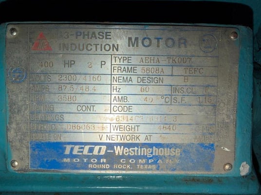 400 HP 3580 RPM Teco Westinghouse, AC Motor, Frame 5808A, 2300/4160 Volts, 87.5/48.4 amps, 2015 - Image 6