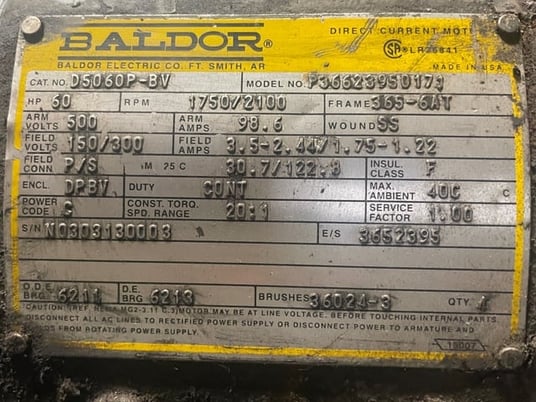 60 HP 1800 RPM Baldor, Frame 365/6AT, DPFVBB, 500 VA, 300/150 VF - Image 3