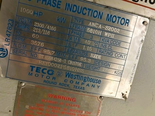 1000 HP 3575 RPM TECO, Frame 5810H, Electric Motor, 2300/4160 Volts - Image 2