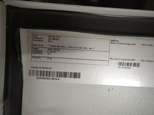 75 HP ABB, ACH550-BD-097A-4, VFD, 480 Volts, 96A, enclosed, 2007 (3 available) - Image 10