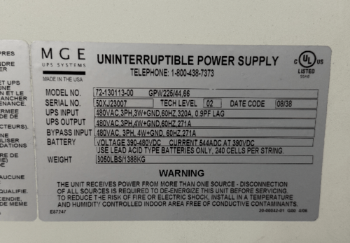 225.0 KVA MGE 72-130113-00, Uninterruptible Power Supply, 480 Volts, 3PH - Image 3