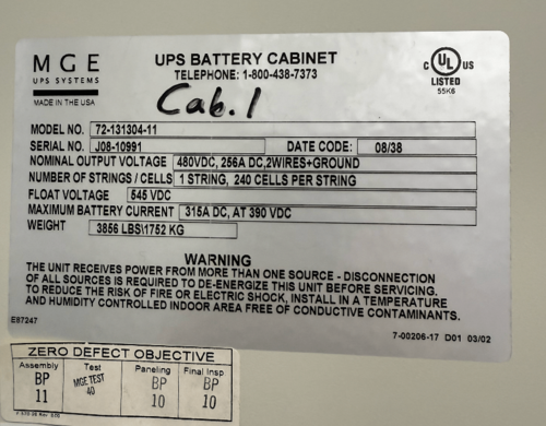 225.0 KVA MGE 72-130113-00, Uninterruptible Power Supply, 480 Volts, 3PH - Image 8