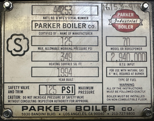 70 HP 125 PSI Parker Industrial #70, Steam Boiler, Natural gas, 2940000 BTU, 349 sq.ft., 1994 - Image 2