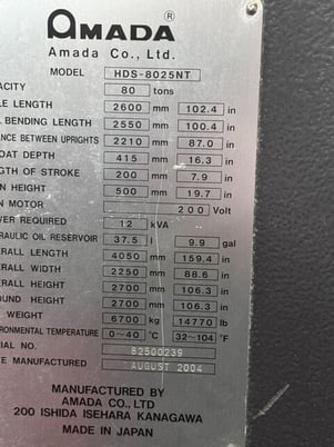 80 Ton, Amada #HDS-8025NT, CNC press brake, 8.2'OA, 83" between housing, 7.8" stroke, 16.5" throat, 18.5" - Image 7
