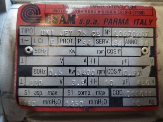 ESAM UNI #JET-75-CE, regenerative blower, 1-1/2" in/outlet, .5 KW, 3400 RPM, 3.5 amps, 220/450 V. - Image 6