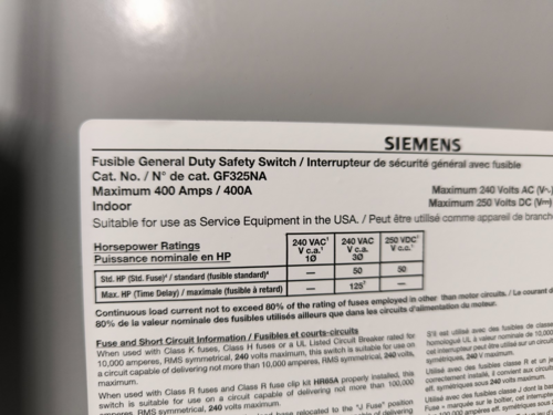 400 Amp. Siemens, GF325NA, Fusible Safety Disconnect Switch, 3P, 240 VAC, 125 HP - Image 2