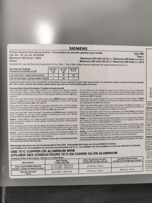 400 Amp. Siemens, GF325NA, Fusible Safety Disconnect Switch, 3P, 240 VAC, 125 HP - Image 3
