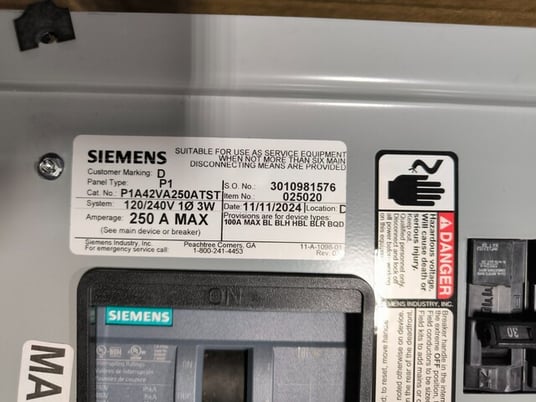 250 Amp, Siemens P1A42VA250ATST, Panelboard, 120/240 Volts, 1PH, 3W, 42 Space, S44B B44, unused, 2024 (4 - Image 2