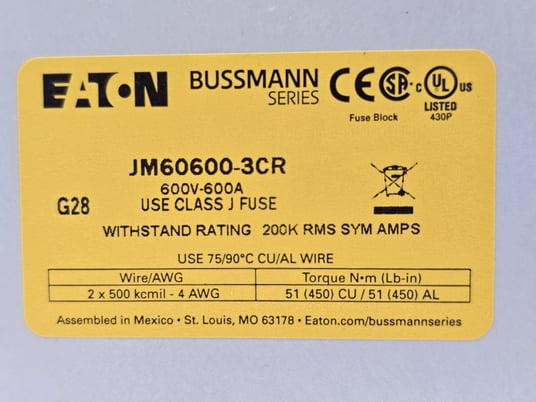 600 Amp. Eaton JM60600-3CR, Modular Fuse Block Holder, 3P, 600 Volts, Class J Fuse, unused - Image 4