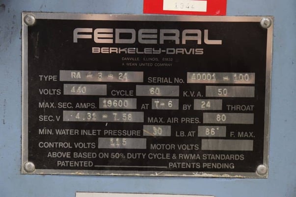 50 KVA British British Federal #RA-3-24, water cooled spot weder, 24" throat, foot pedal, 440 V., 1 phase - Image 8
