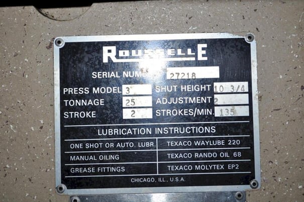 25 Ton, Rousselle #3, OBI press, 2" stroke, 10.75" Shut Height, 2" ram adj., 135 SPM, 20" x14"bed, air clutch - Image 9