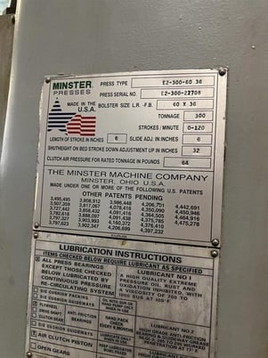 300 Ton, Minster #E2-300-60-36, straight side double crank press, 6" stroke, 32" Shut Height, 6" ram adj. - Image 8