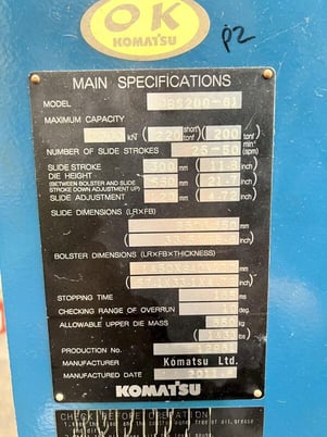 220 Ton, Komatsu #OBS-200-61, SSSC press, 11.8" stroke, 21.7" Shut Height, 4.72" ram adj., 25-50 SPM, 57.1" - Image 10