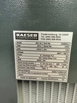 116 cfm, Kaeser #SFC-18, air compressor, 25 HP, 3-phase, 3600 RPM, 2011 - Image 4