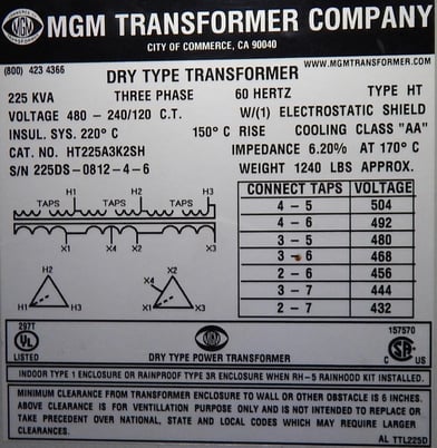 225 KVA 480 Primary, 240/120 Secondary, MGM Transformer - Image 3