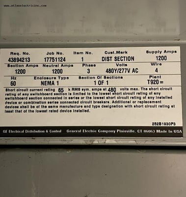 1200 Amps, General Electric #Spectra, 480Y/277 Volts Low Voltage Switchboard - Image 5