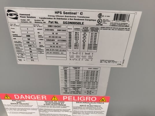 50 kVA, 240/480 Primary, 120/240 Secondary HPS Hammond #SG3N0050LE, Transformer, 3R, unused - Image 2