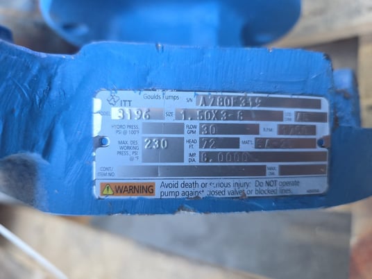 30 GPM @ 72' TDH, Goulds #3196, Pump Casing, .5" x 3" -8" Size, 230 psi, 1750 RPM - Image 3