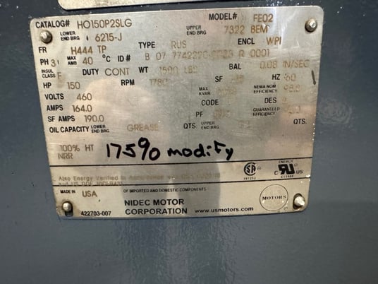 150 HP 1800 RPM U.S. Motors, Frame H444TP, 175% EHT, VHS, vertical hollow shaft, 460 Volts, 164A, 175% EHT - Image 1
