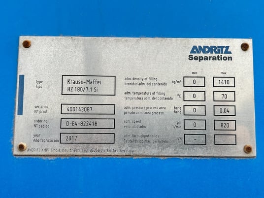 Krauss Maffei #HZ180/7.1, Horizontal Peeling Centrifuge, in Stainless Steel, 820 RPM, 2017 - Image 8