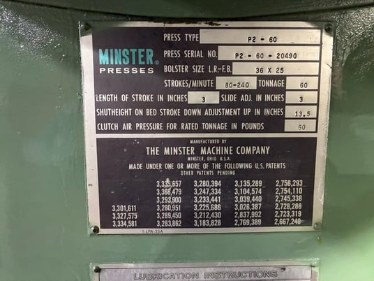 60 Ton, Minster #P2-60-36, Mechanical Stamping Press, 36" x 25" bed, 3" stroke, 3" adjustment, 13.5" shut - Image 3