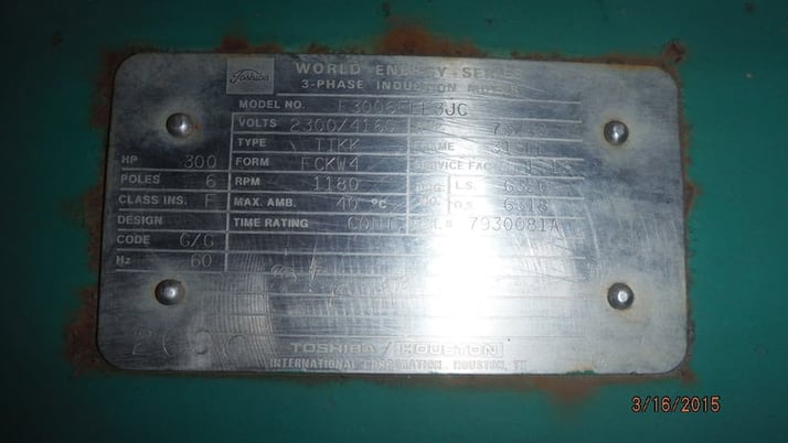 300 HP 1200 RPM Toshiba, Frame 315LL, TEFC BB, 2300/4160 Volts - Image 3