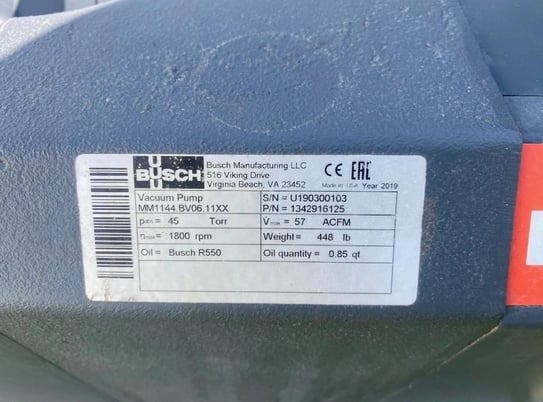 57 acfm, Busch #MM1144.BV06.11XX, Dry Claw Vacuum Pump, 45 Torr, 3 HP Baldo Super-E motor, 1760 RPM, 2019 - Image 2