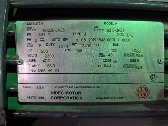 200 HP 1200 RPM U.S. Motors, Frame 449TS, TEFC BB, 2300 Volts - Image 3
