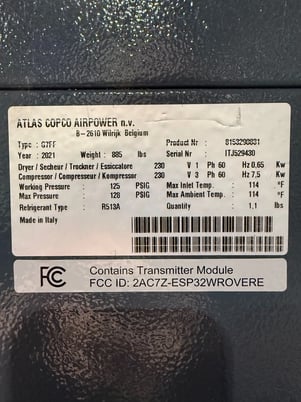 128 psi, Atlas Copco #G7FF, rotary screw air compressor, 10 HP, 2021 - Image 8
