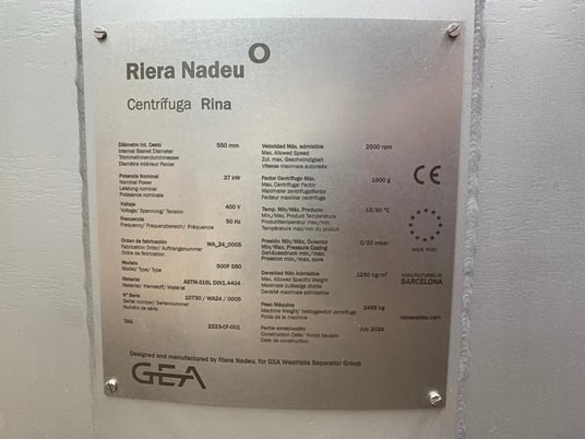 Riera Nadeu #RINA500F550, Continuous screening centrifuge, never used - Image 7