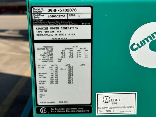 70 KW Cummins #GGHF, Natural gas / propane generator set, 87 hours, 126 HP @ 1800 RPM, Ford WSG1068 6.8L - Image 9