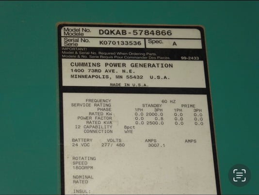 2000 KW Cummins #DQKAB-5784866, Diesel Generator Set, 1800 RPM, 277/480 Volt, 3PH, 2007 - Image 2