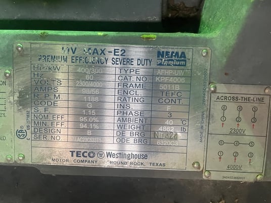 400 HP 1200 RPM Teco Westinghouse, Frame 5011B, TEFC BB, 2300/4000 Volts - Image 3