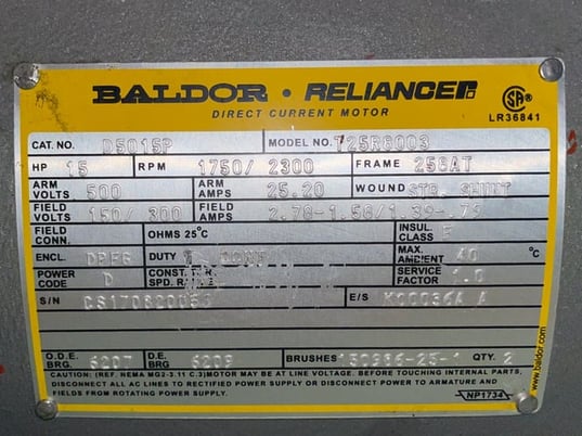 15 HP 1800 RPM Baldor Reliance, Frame 258AT, Drip-Proof Ball Bearing, 500 VA, 300/150 VF, New Surplus - Image 3