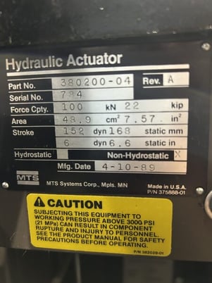 22 KIP (100kN) MTS #318.10, Fatigue Frame, 20.75" x 8.25" table, 54" test opening, 6" stroke actuator, 3000 - Image 5