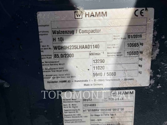 Hamm H 10I, Compactor, 2613 hours, S/N: WGH0H235HHAA01140, 2019 - Image 6