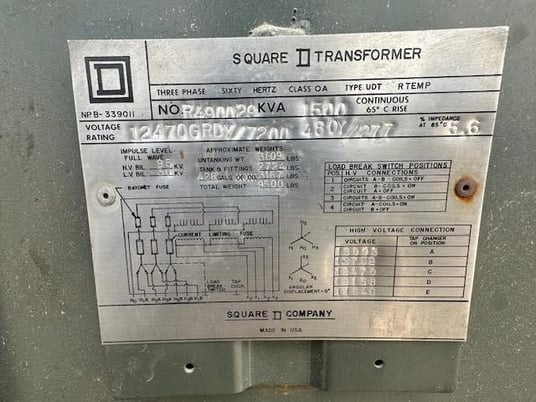 1500 KVA, 12470/7200 Primary, 480/277 Secondary Square D #R490029, transformer - Image 8